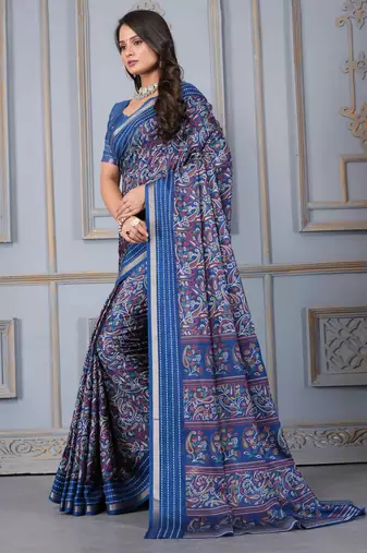 Blue soft cotton crape floral prints with thread woven border with blouse