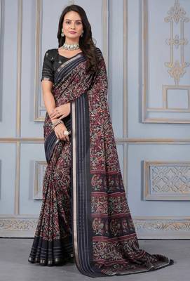 Black soft cotton crape floral prints with thread woven border with blouse 1