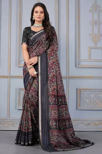 Black soft cotton crape floral prints with thread woven border with blouse