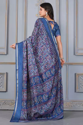 Blue soft cotton crape floral prints with thread woven border with blouse