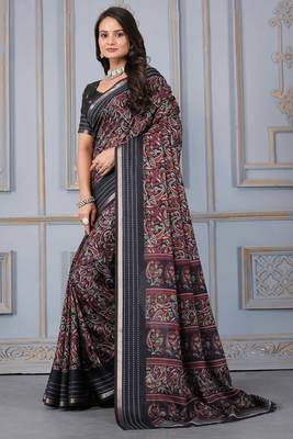 Black soft cotton crape floral prints with thread woven border with blouse 2