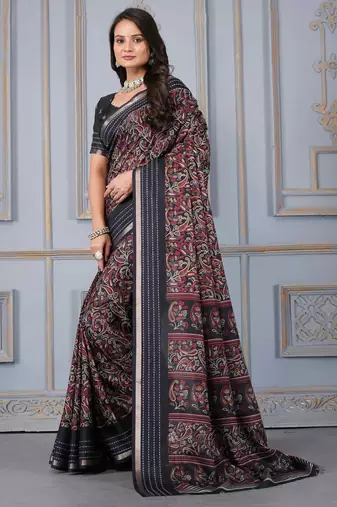 Black soft cotton crape floral prints with thread woven border with blouse