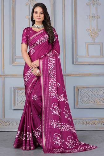 Wine soft cotton crape floral prints with thread woven border with blouse