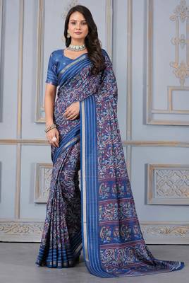 Blue soft cotton crape floral prints with thread woven border with blouse 4