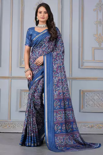 Blue soft cotton crape floral prints with thread woven border with blouse