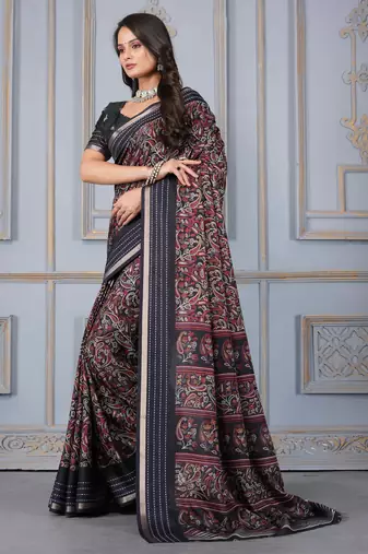 Black soft cotton crape floral prints with thread woven border with blouse
