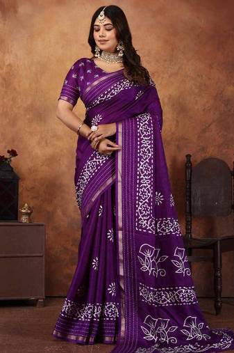 Purple soft cotton crape floral prints with thread woven border with blouse