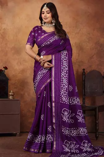 Purple soft cotton crape floral prints with thread woven border with blouse