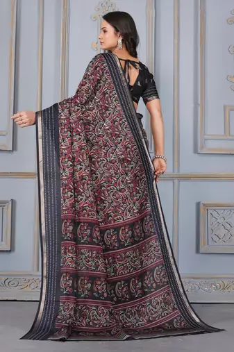 Black soft cotton crape floral prints with thread woven border with blouse