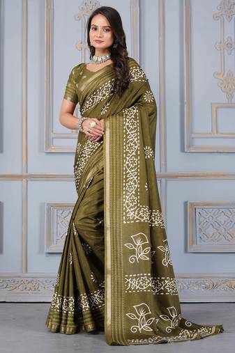 Green soft cotton crape floral prints with thread woven border with blouse