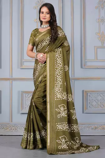 Green soft cotton crape floral prints with thread woven border with blouse