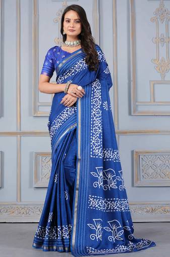 Blue soft cotton crape floral prints with thread woven border with blouse