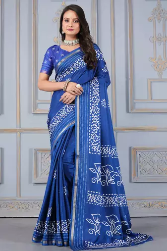Blue soft cotton crape floral prints with thread woven border with blouse
