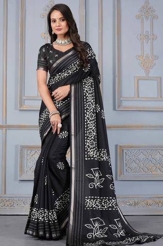 Black soft cotton crape floral prints with thread woven border with blouse