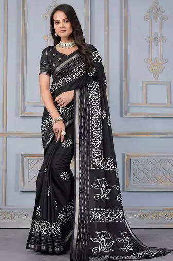 Black soft cotton crape floral prints with thread woven border with blouse