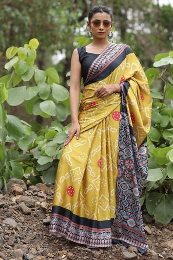 Yellow digital print japan satin saree with blouse