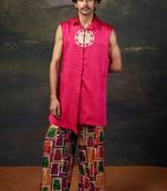 Pink plain silk kurta with Printed pajama