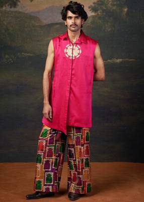 Pink plain silk kurta with Printed pajama 2