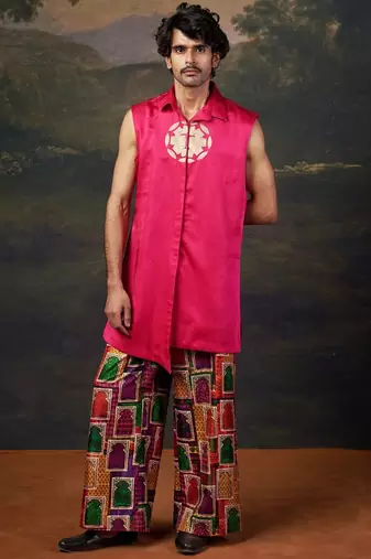 Pink plain silk kurta with Printed pajama