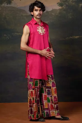 Pink plain silk kurta with Printed pajama