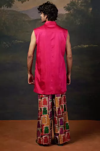 Pink plain silk kurta with Printed pajama