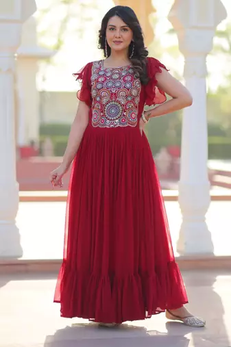 Maroon georgette beads and sequins embroidered ruffle flared gown