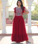 Maroon georgette beads and sequins embroidered ruffle flared gown