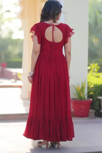 Maroon georgette beads and sequins embroidered ruffle flared gown