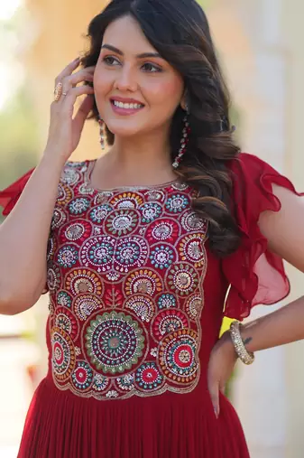 Maroon georgette beads and sequins embroidered ruffle flared gown