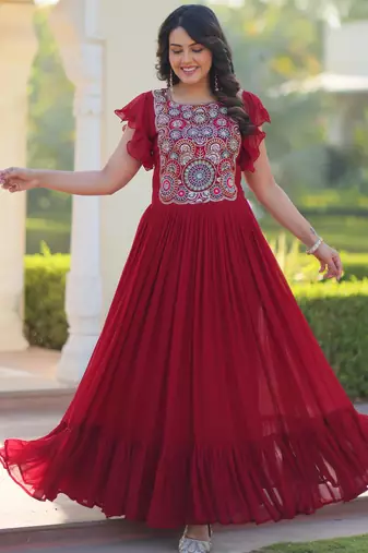 Maroon georgette beads and sequins embroidered ruffle flared gown