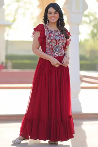 Maroon georgette beads and sequins embroidered ruffle flared gown