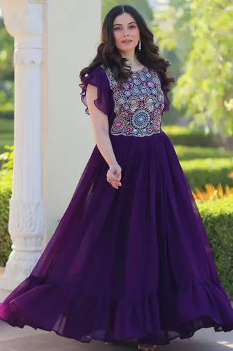 Purple georgette beads and sequins embroidered ruffle flared gown