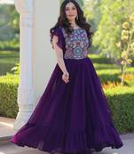 Purple georgette beads and sequins embroidered ruffle flared gown