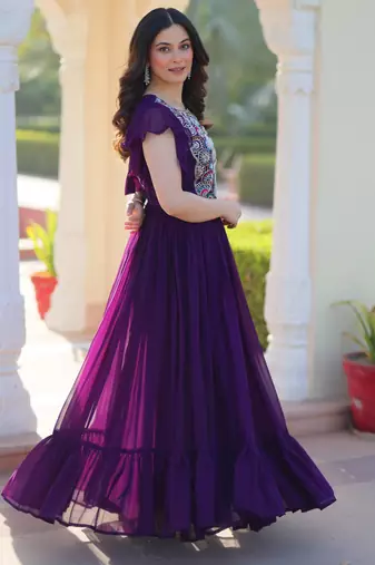 Purple georgette beads and sequins embroidered ruffle flared gown