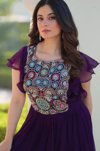 Purple georgette beads and sequins embroidered ruffle flared gown