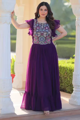 Purple georgette beads and sequins embroidered ruffle flared gown