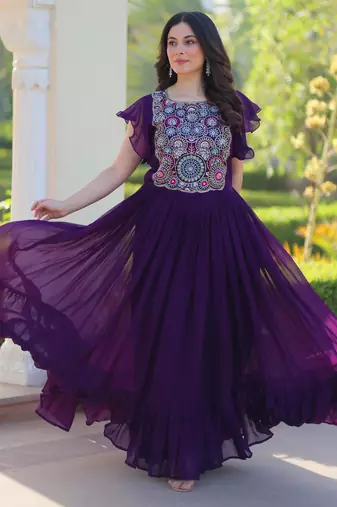 Purple georgette beads and sequins embroidered ruffle flared gown