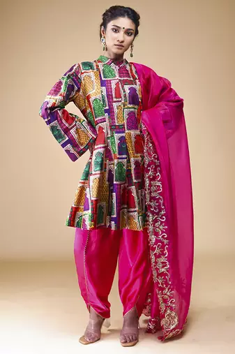 Multicolor printed silk kurta set