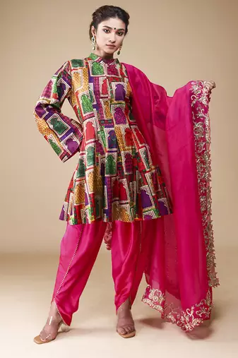 Multicolor printed silk kurta set