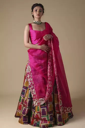 multicolor printed silk Lehenga