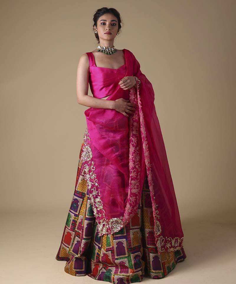 multicolor printed silk Lehenga