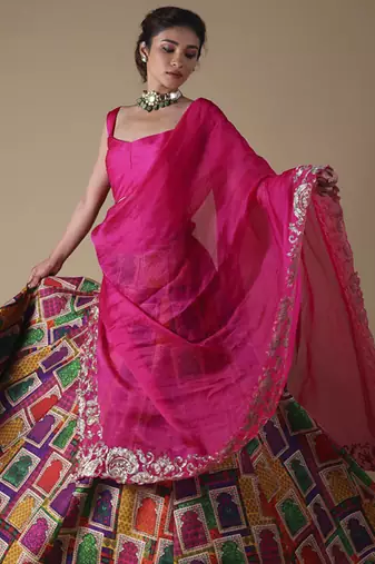 multicolor printed silk Lehenga