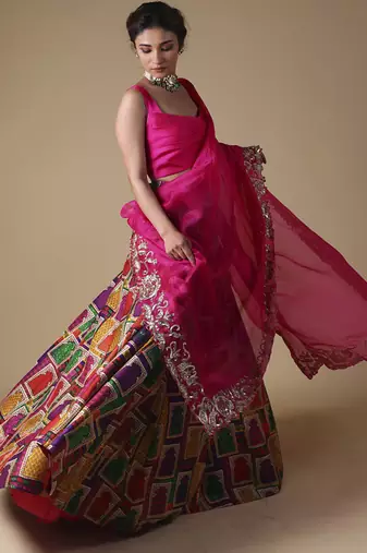 multicolor printed silk Lehenga