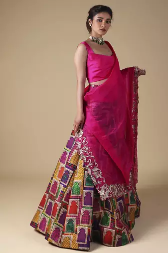 multicolor printed silk Lehenga