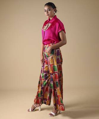 Pink plain silk shirt with printed pant 1