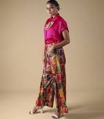 Pink plain silk shirt with printed pant