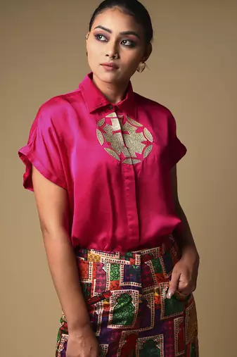 Pink plain silk shirt with printed pant