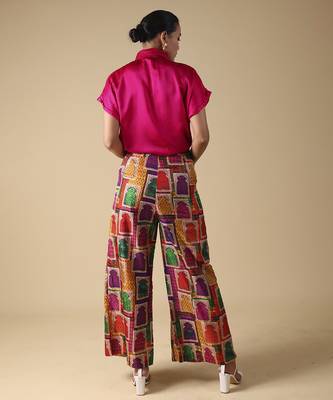 Pink plain silk shirt with printed pant 3
