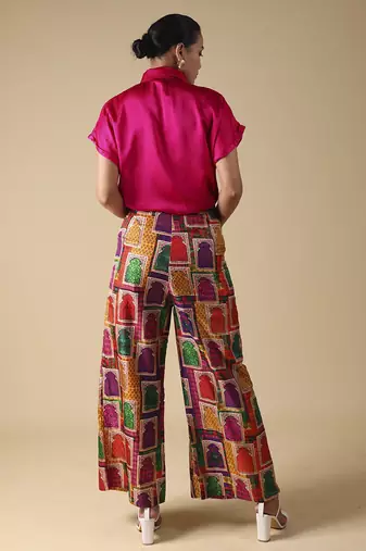 Pink plain silk shirt with printed pant