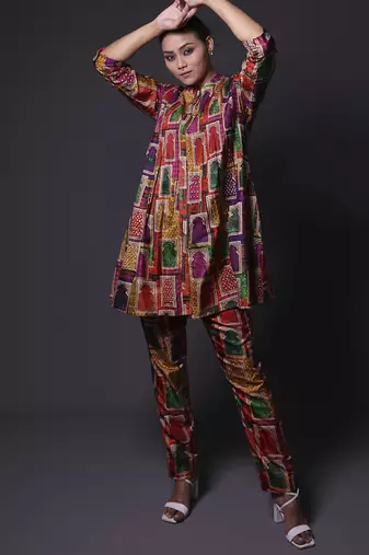 Multicolor plain silk kurta with pant